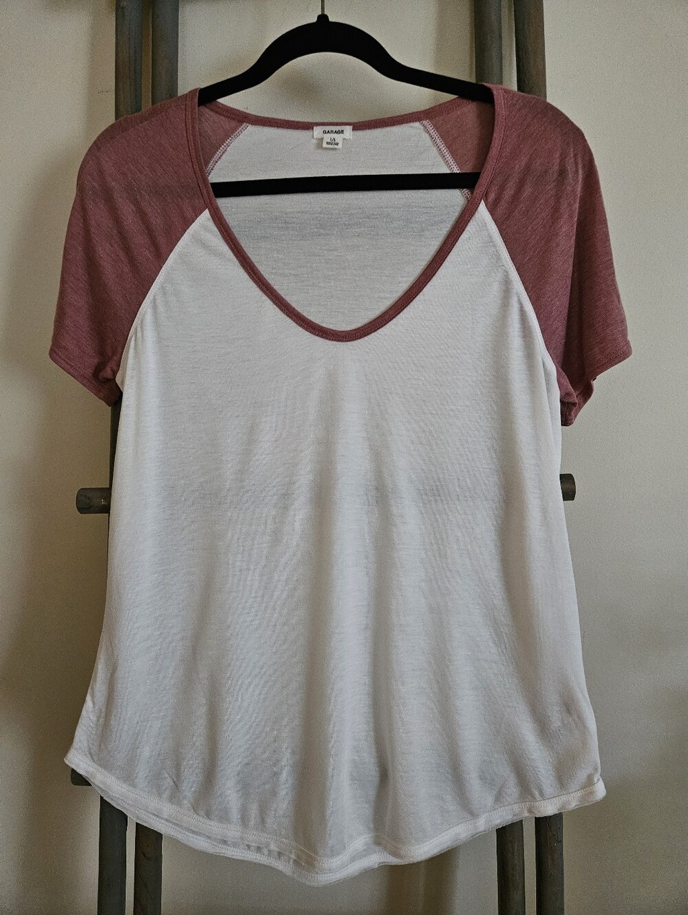 GARAGE White Scoop Neck Raglan Tee with Dusty Rose Sleeves